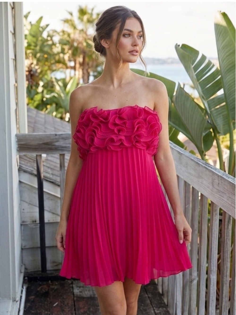 Zara Women’s Bandeau Strapless Ruffle Pleated Mini Dress Raspberry Pink L